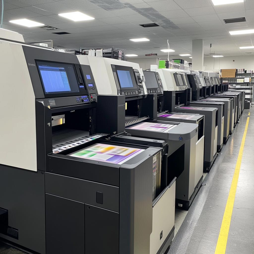 High-speed printing in a commercial printing facility.|Office photocopier or printer with colored ribbons for high-quality printing services.